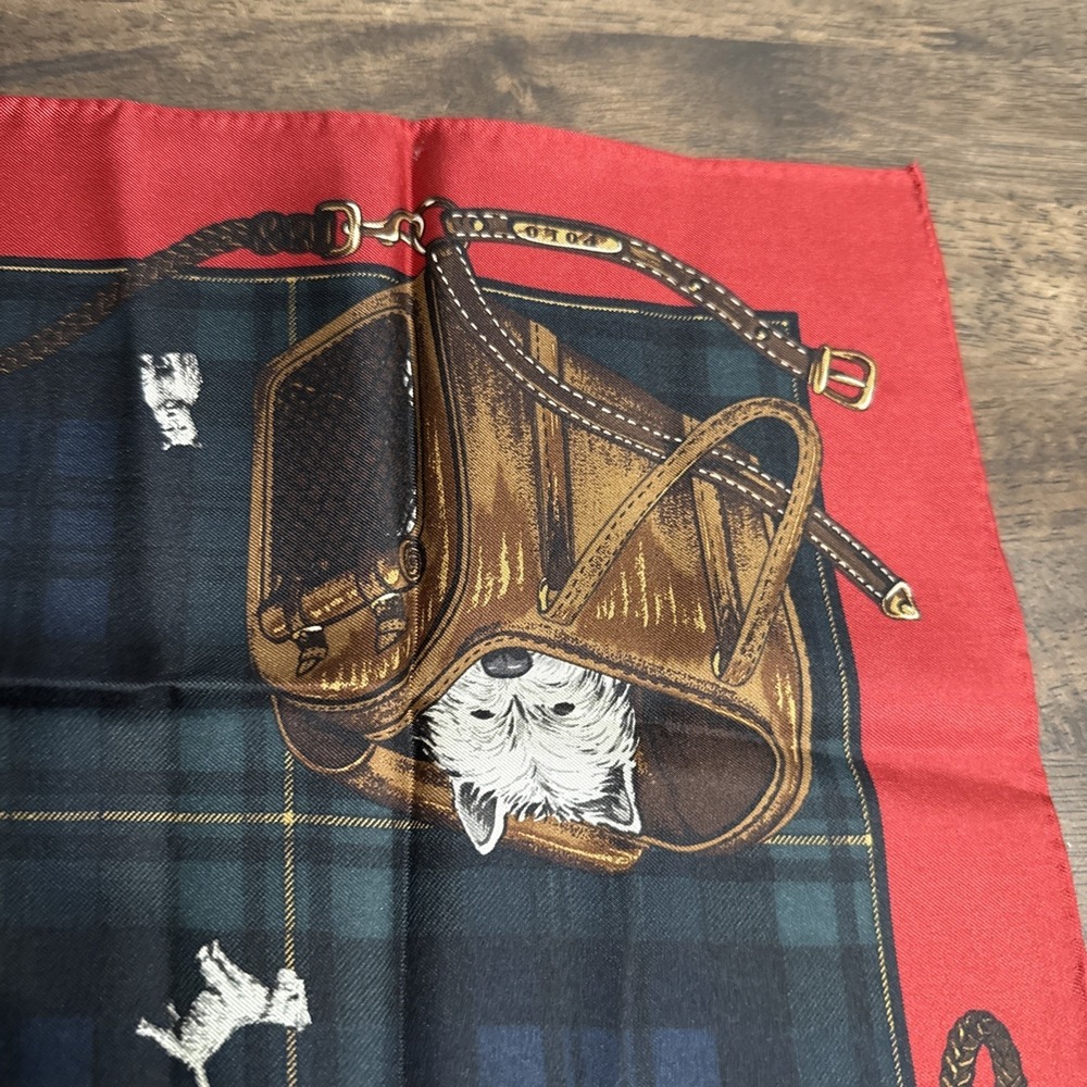 VTG Ralph Lauren Silk Scarf Terrier Dog Plaid Scottie Travel Theme Hotel 21" - Picture 5 of 9